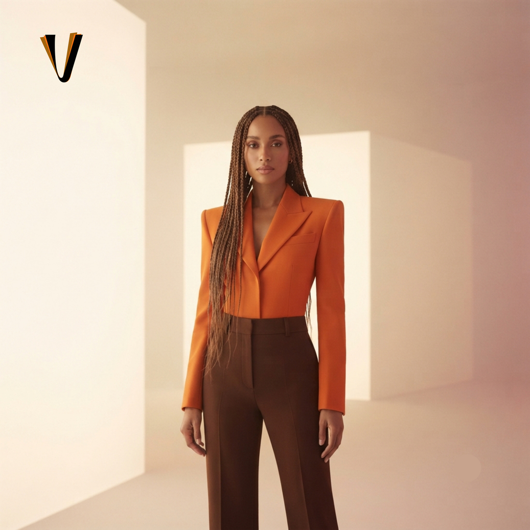 VellsMart fashion editorial — orange cropped blazer look