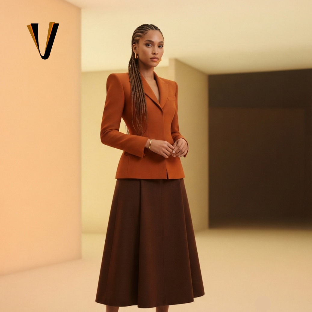 VellsMart fashion editorial — tailored rust blazer and midi skirt