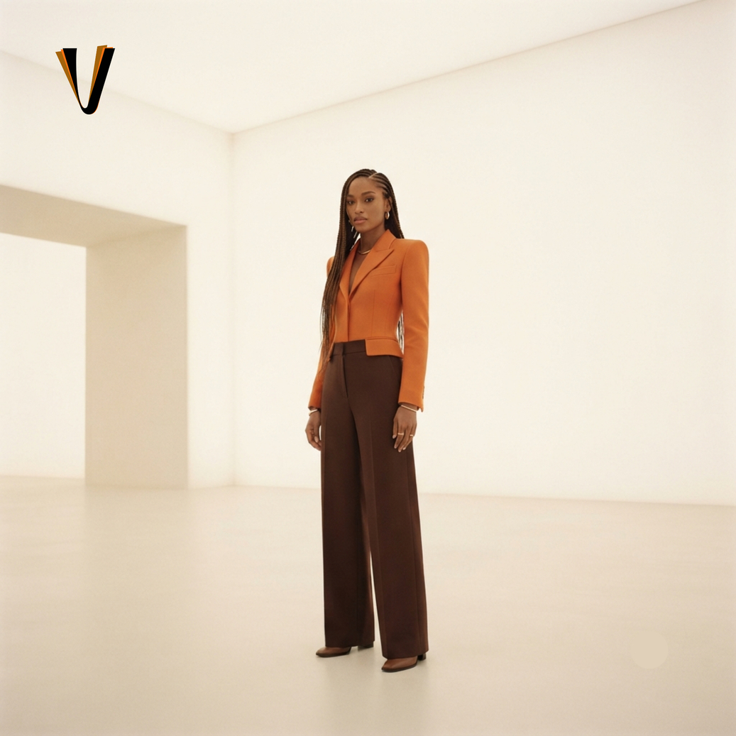 VellsMart fashion editorial — cropped blazer and wide-leg trousers
